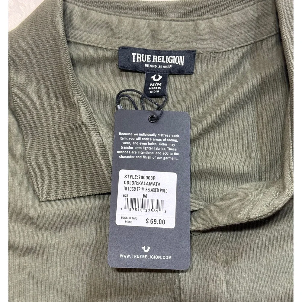 True Religion Men's Polo Shirt M Olive Green TR Logo Trim Relaxed Fit Grunge
